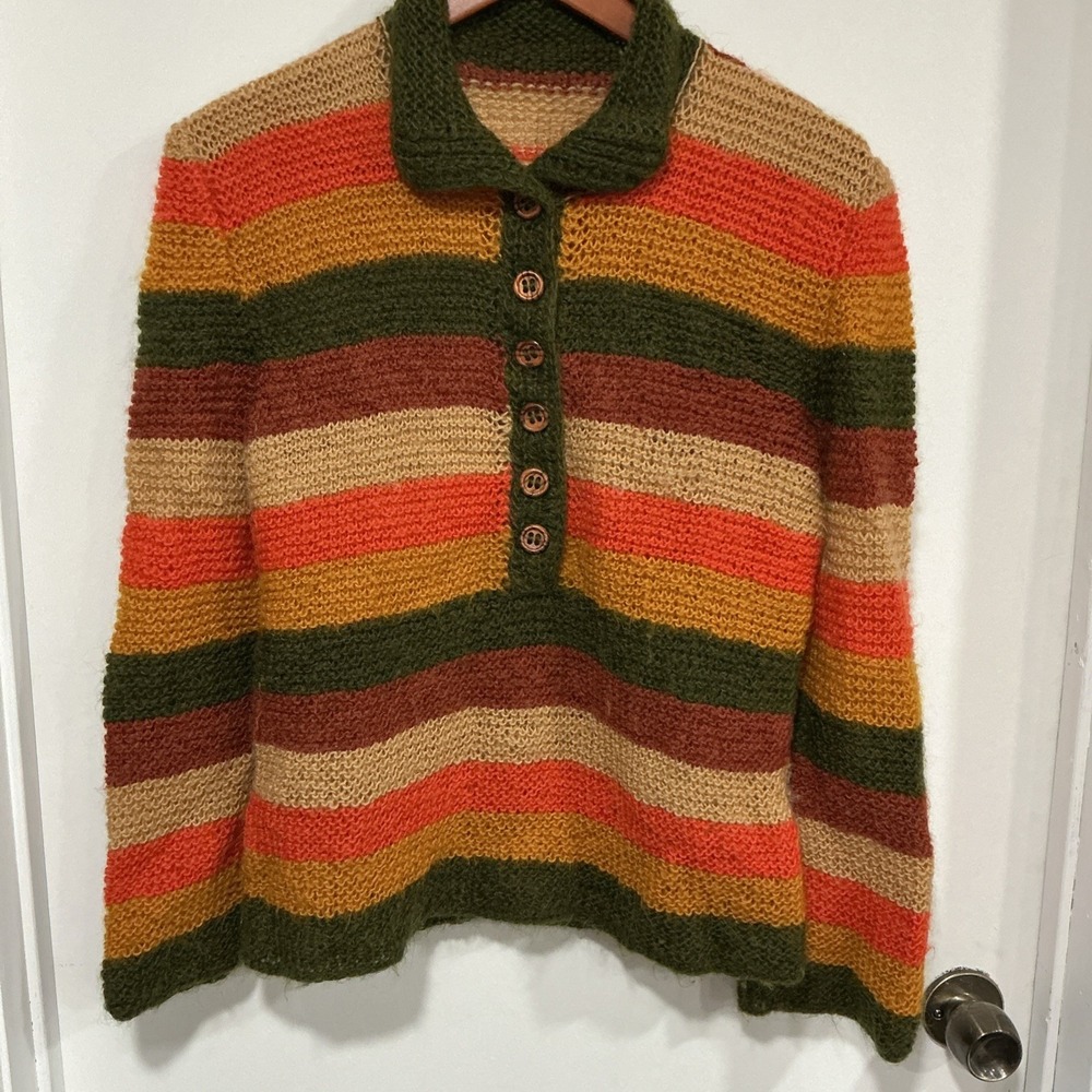 Unique Hand Knit Mohair Sweater, Autumnal Earthy 70's Style, Wood Buttons, Small